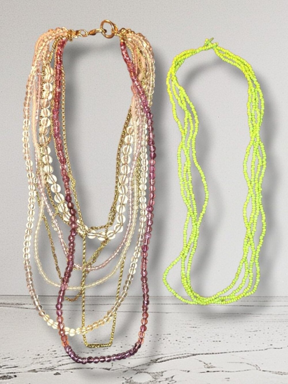 2 multistrand bead necklaces Pink, green, gold chain Layered Boho chic Bundle